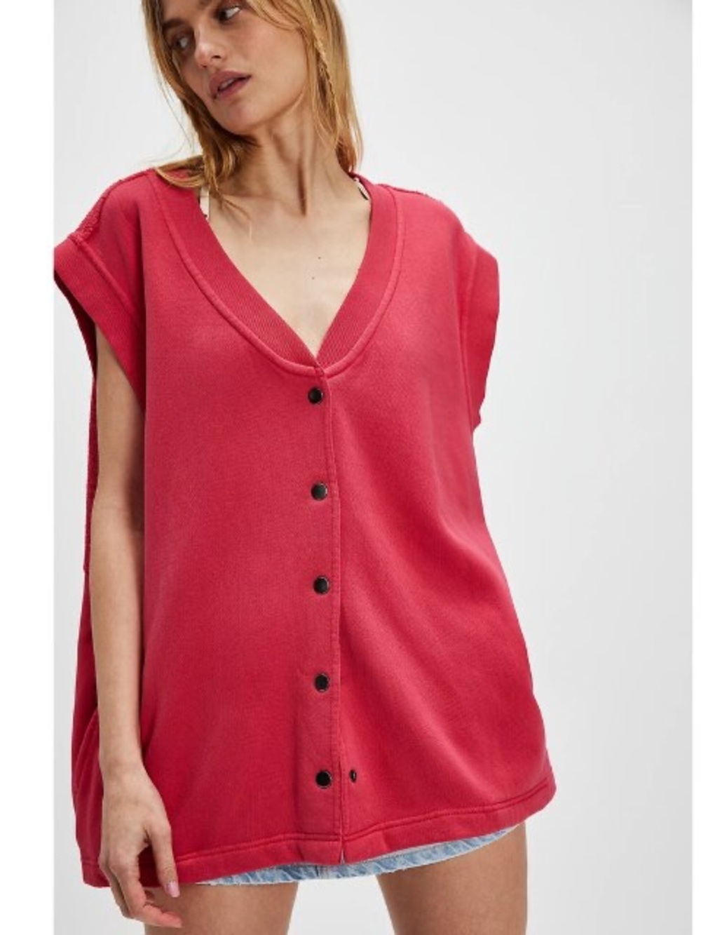 Free People Pink Snap Front Sleeveless Sweatshirt Vest XL Cotton Oversized